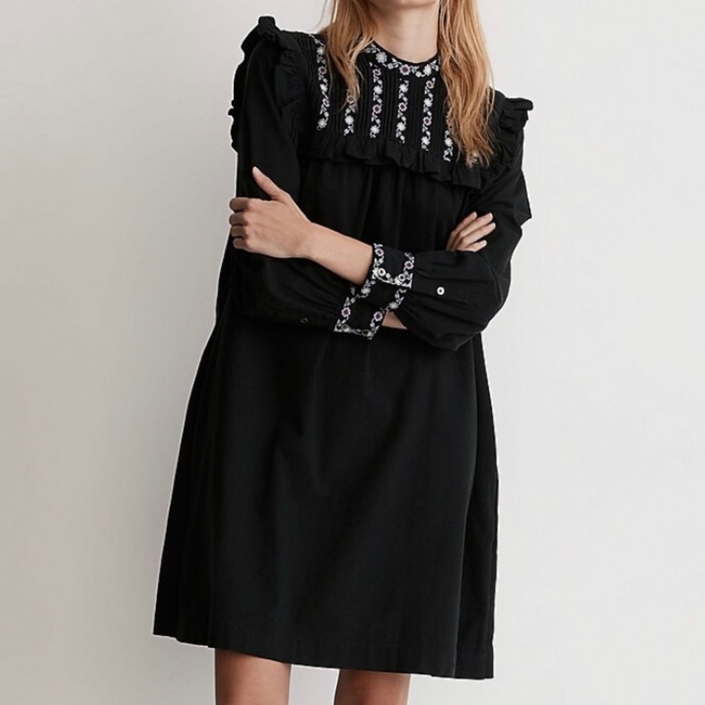 Embroidered-Bib Ruffle Mini Dress